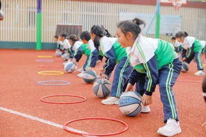 二年级小学生单手拍篮球标准